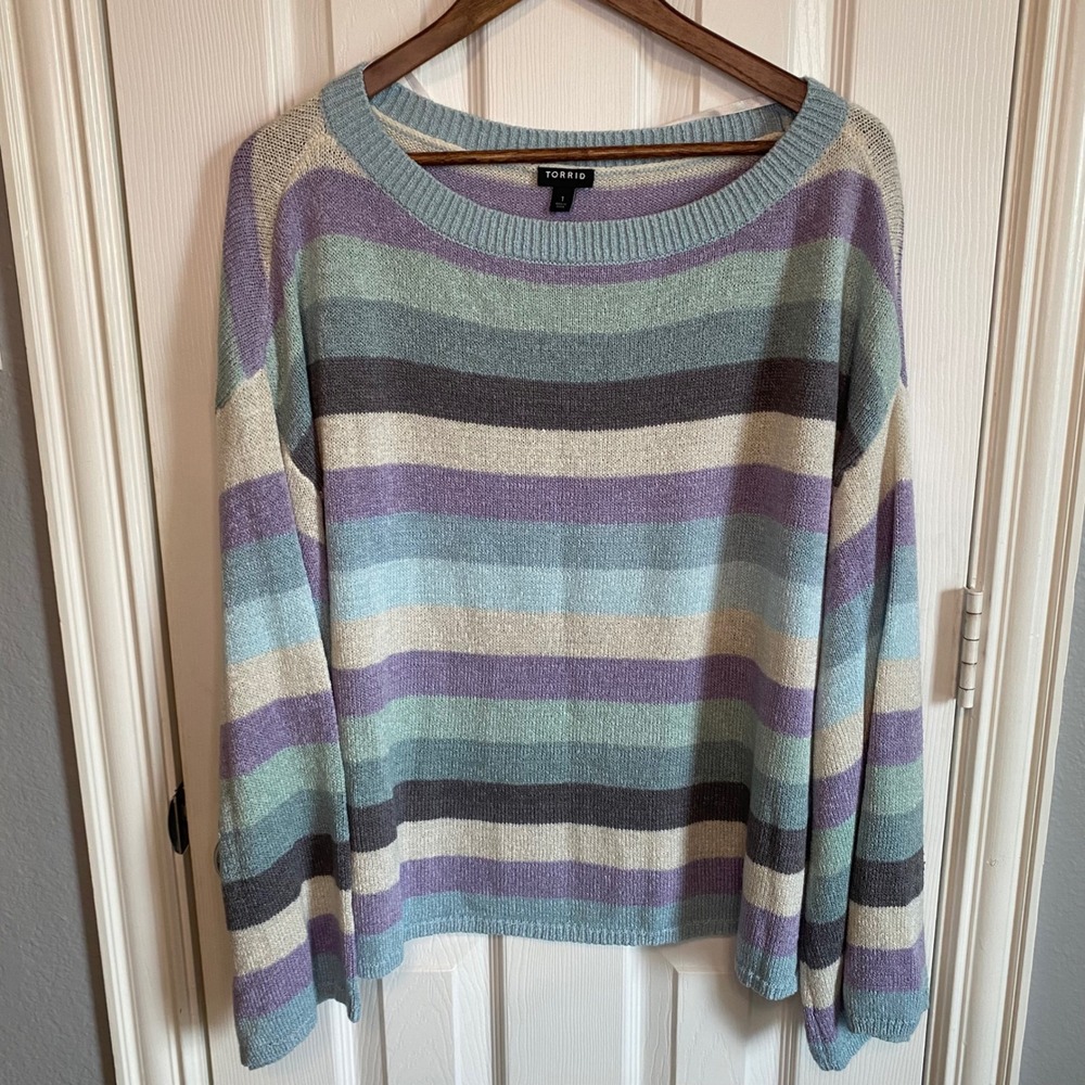 Torrid Striped Knit Sweater Womens 1 Purple Blue Green Bell Sleeve Lightweight‎